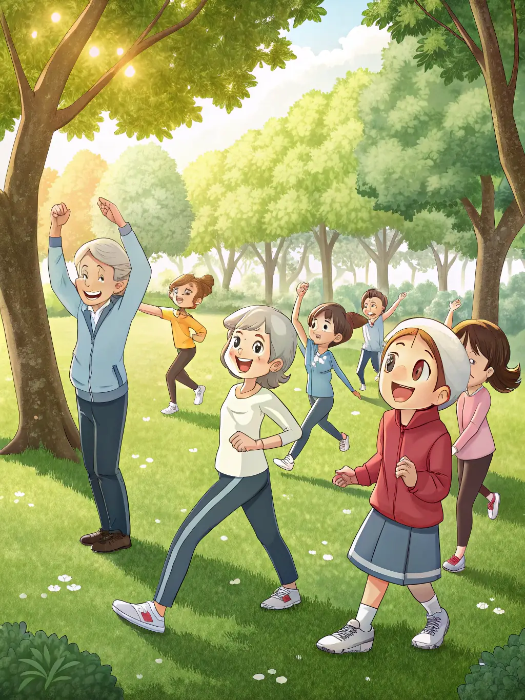 A group of seniors participating in a gentle stretching exercise outdoors in a park, led by a BLANCA FORM instructor, showcasing the accessibility of the program for older adults.
