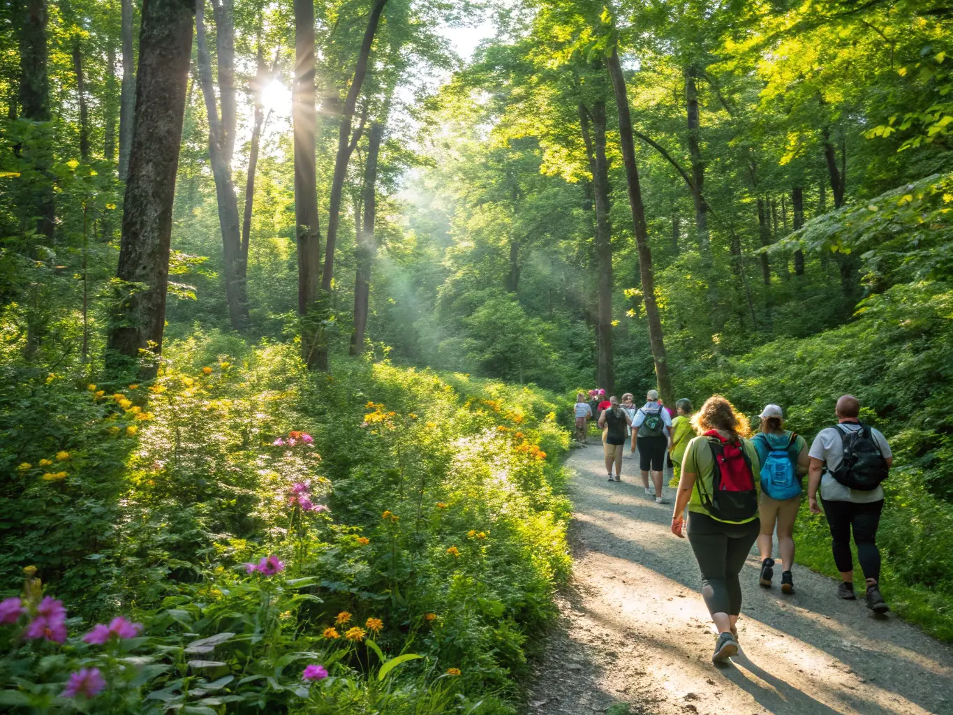 A group of people hiking through a scenic natural trail, enjoying the fresh air and camaraderie, as part of BLANCA FORM's outdoor adventure program.