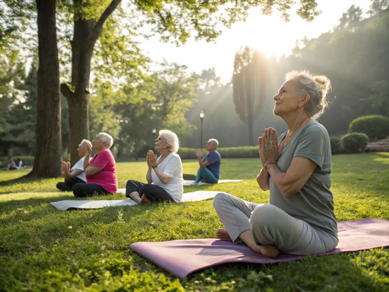 A group of adults participating in a gentle gymnastics class outdoors in a park, focusing on flexibility and balance, with a qualified instructor guiding them.