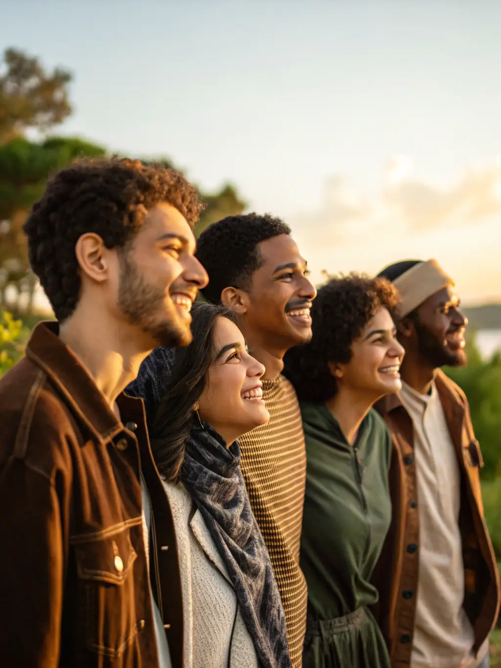 A group of diverse individuals smiling and stretching together during a gymnastics session in a park, symbolizing community and well-being.