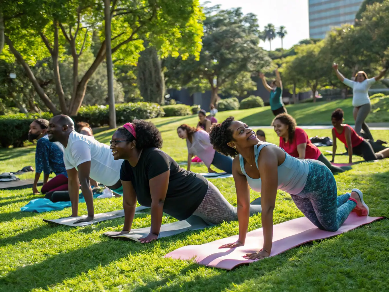 A group of diverse individuals participating in a gentle stretching exercise outdoors in a park, with a focus on inclusivity and accessibility.