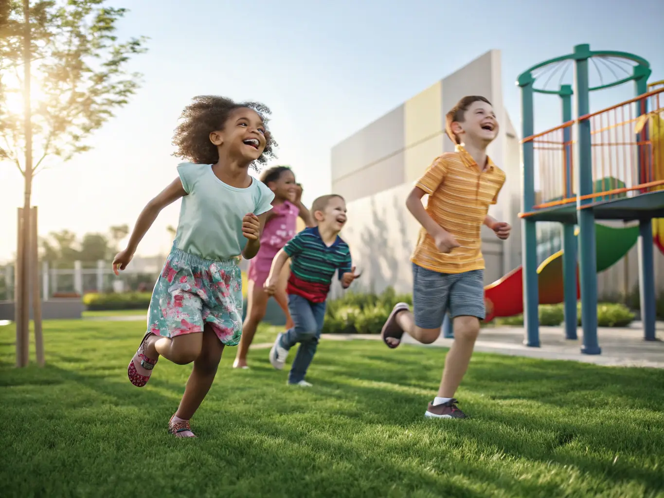 A vibrant image of children laughing and playing during a fun physical education session, emphasizing the joy and benefits of early childhood movement.