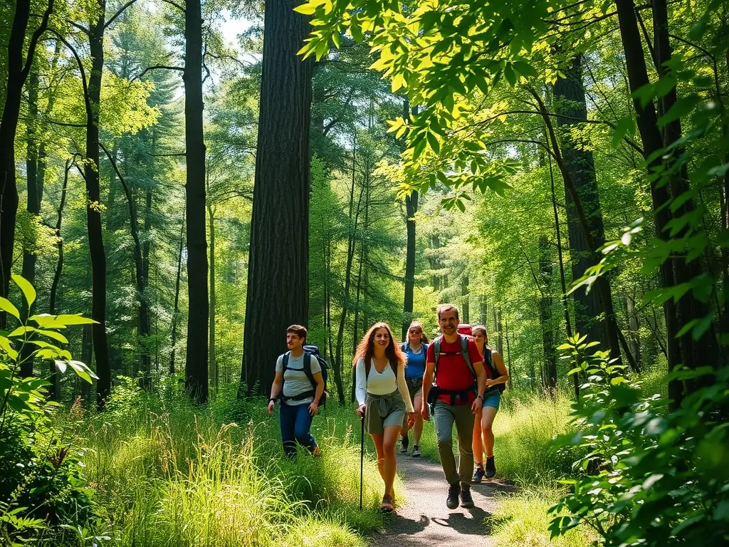 A scenic shot of a group hiking in a natural setting, showcasing the beauty of outdoor activities and the connection with nature.