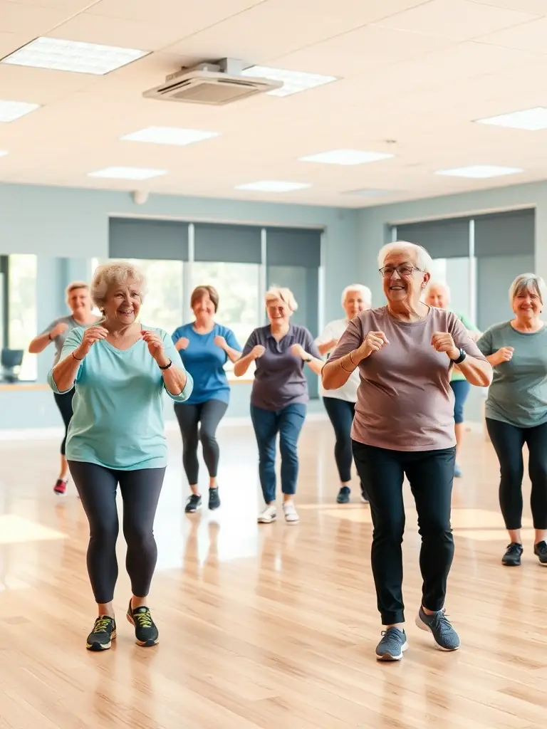 A group of seniors participating in a low-impact aerobics class, demonstrating the program's focus on health and well-being for older adults.