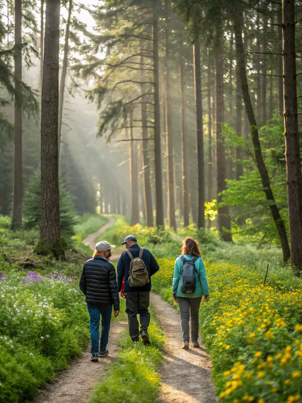 A group of people hiking in a forest, participating in a BLANCA FORM outdoor activity, emphasizing the connection with nature and the promotion of well-being.