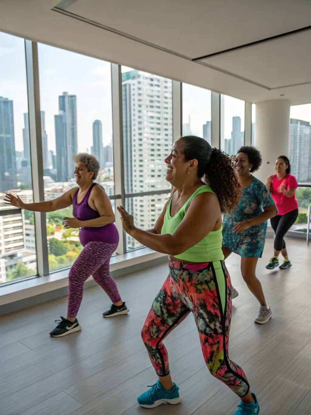 A diverse group of adults participating in a Zumba class at a BLANCA FORM community center, demonstrating the inclusivity and energetic atmosphere of the program.