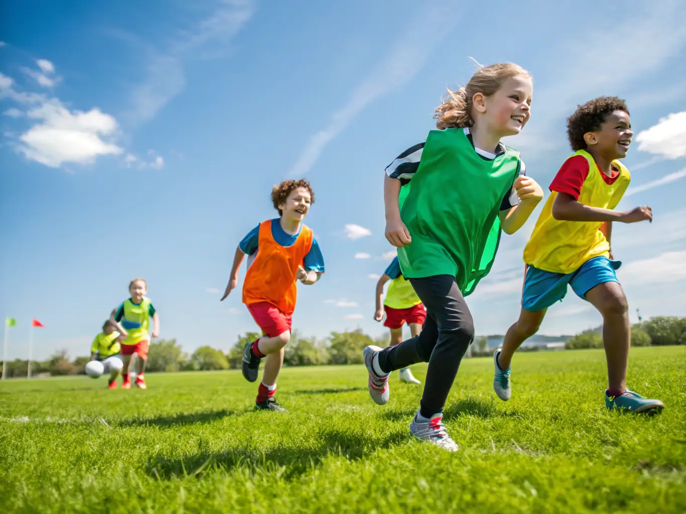 Children participating in an outdoor physical education session, playing games that promote teamwork and coordination, supervised by experienced instructors.
