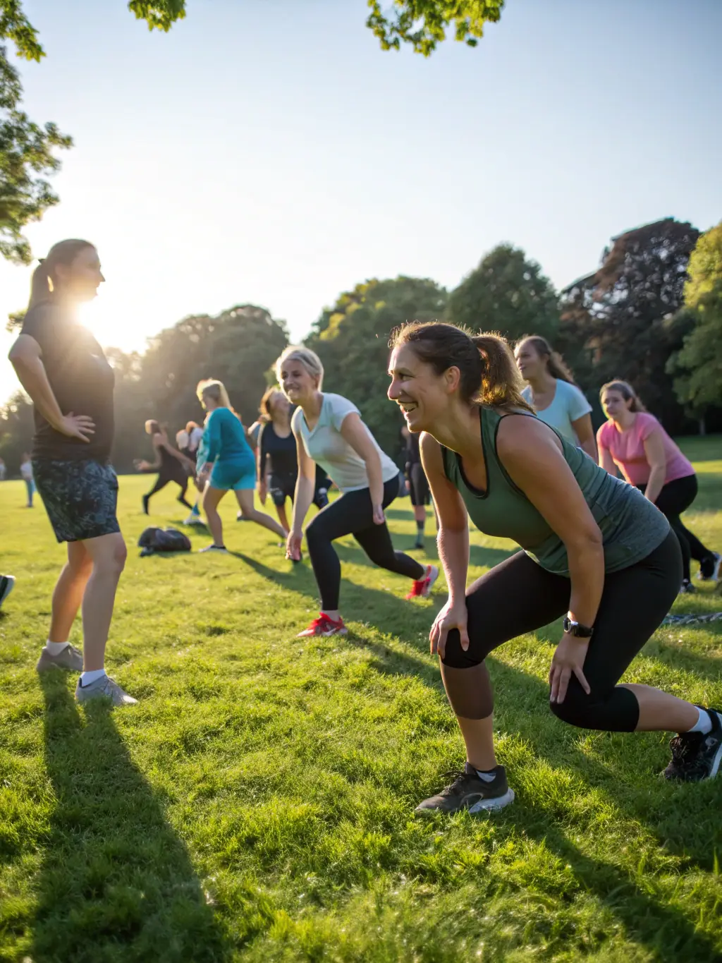 A group of diverse individuals participating in a gentle stretching exercise in a sunny park, led by an instructor. The image should convey inclusivity and accessibility.